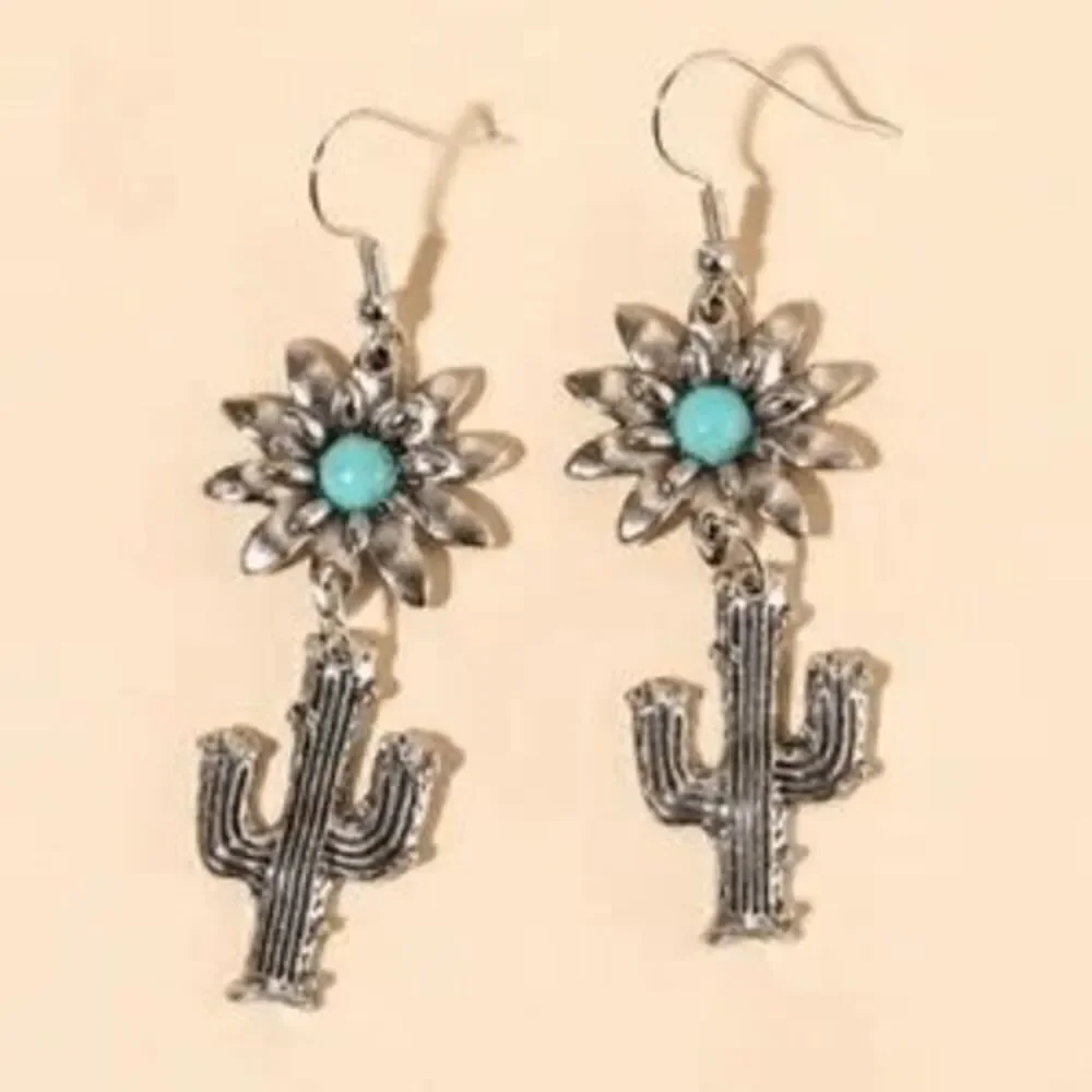 FLOWER CACTUS SILVER TURQUOISE DANGLE EARRINGS